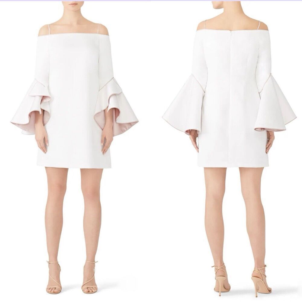 NHA KHANH Addison Dress Women 0 Ivory Off Shoulder Mini Bell Sleeves Pink Trim